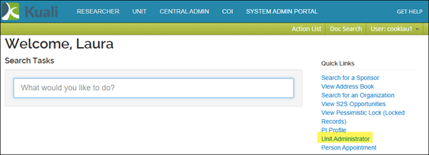Graphic highlighting where to click on the Unit Administrator link on the Kualy Research welcome page.
